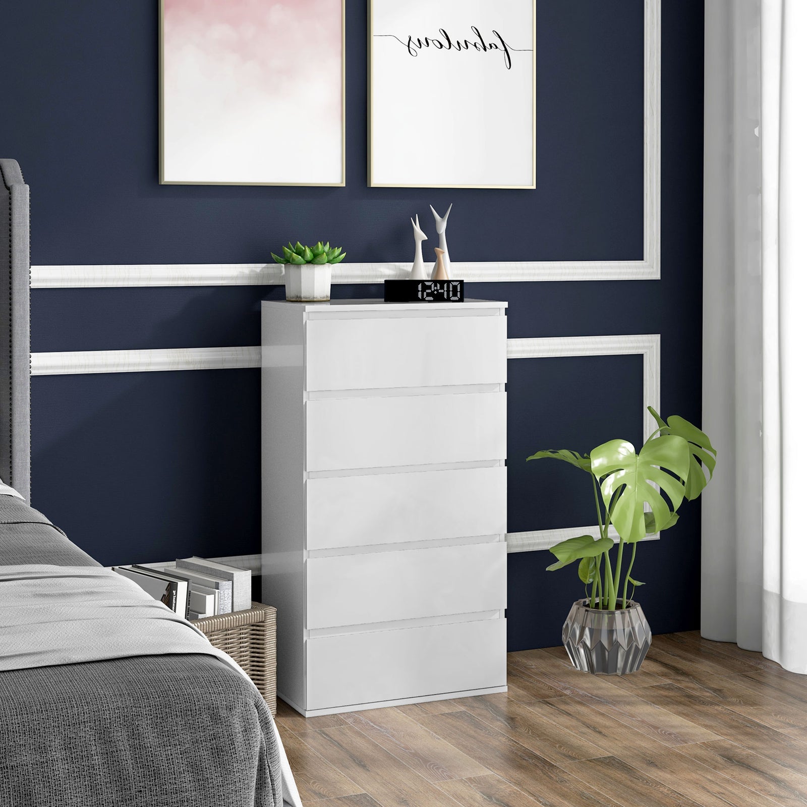 5-Drawer Modern Dresser, High Gloss Storage Drawer Unit for Bedroom, White