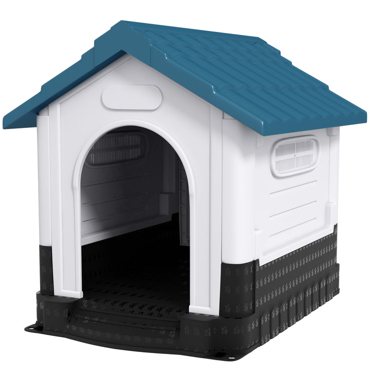 PawHut Plastic Dog Kennel with Windows, for Garden Patio, Medium and Large Dogs, 101 x 88 x 99cm - Blue | Aosom UK