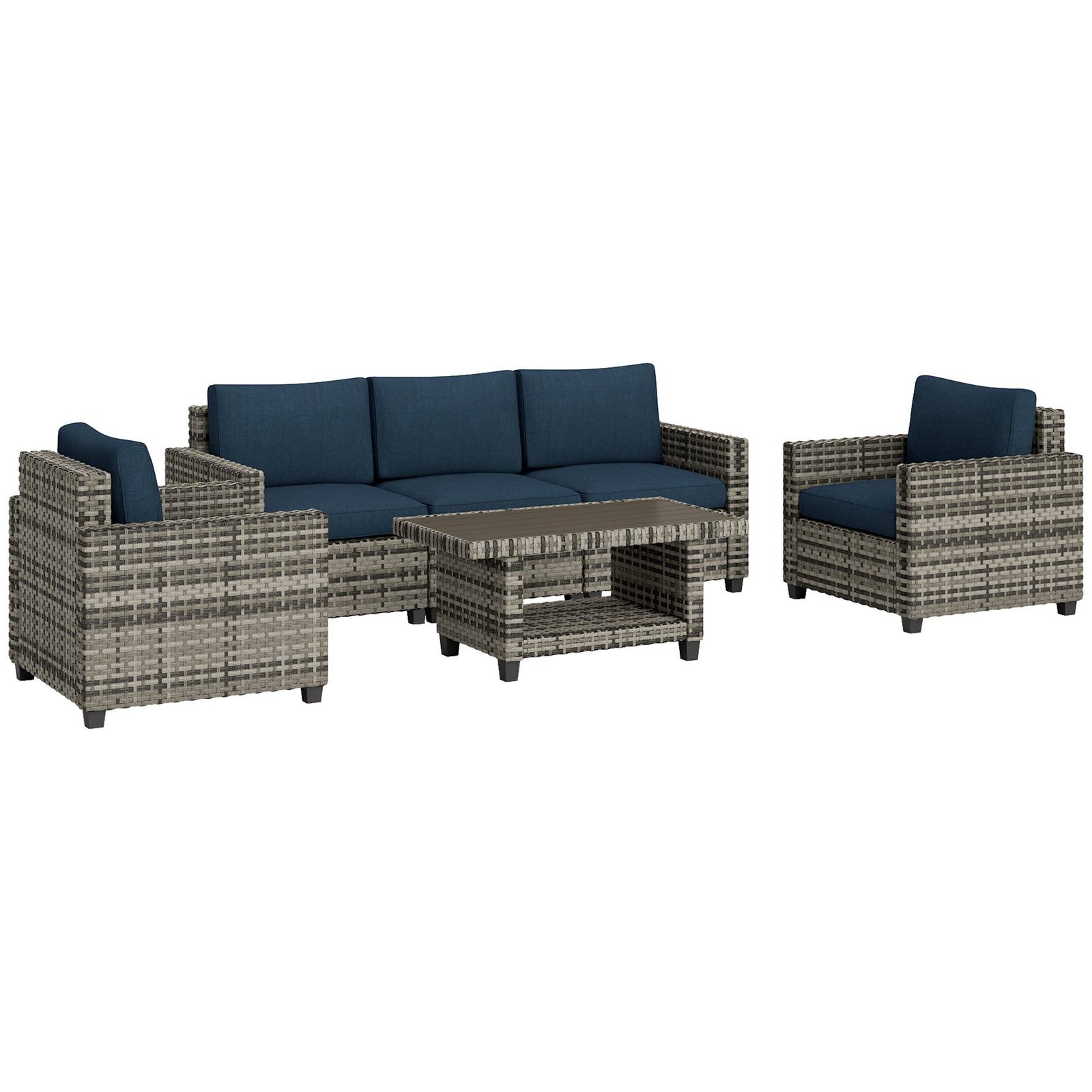 Six-Piece Modular Rattan Sofa Set - Navy Blue