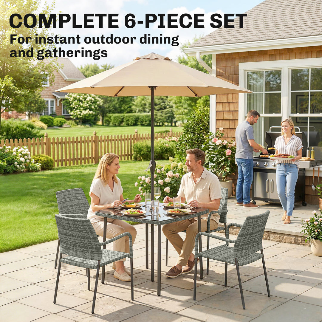 4 Seater Rattan Dining Set with Parasol, 6 Piece Garden Table and Stac