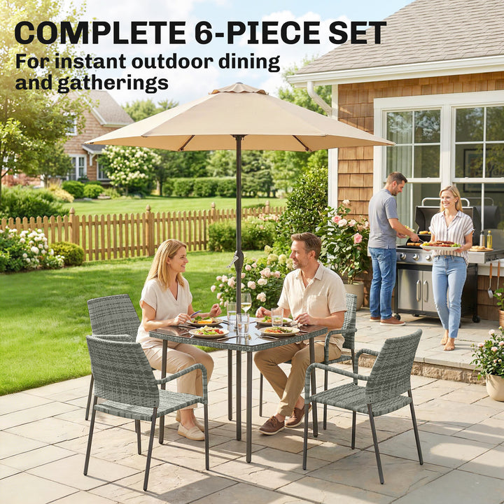 4 Seater Rattan Dining Set with Parasol, 6 Piece Garden Table and Stac