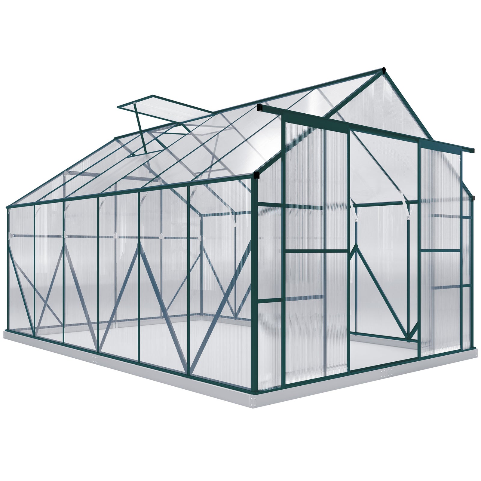 8 x 12ft Aluminium Greenhouse Polycarbonate Walk-in Garden Greenhouse Kit with Adjustable Roof Vent, Double Sliding Door, Rain Gutter and Foundation, Clear