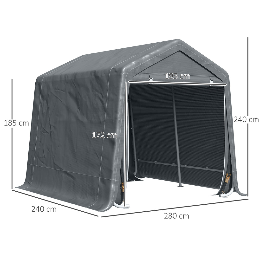 Outsunny Garden Storage Tent, Heavy Duty Bike Shed, Patio Storage Shelter w/ Metal Frame and Double Zipper Doors, 2.8m x 2.4m x 2.4m, Dark Grey