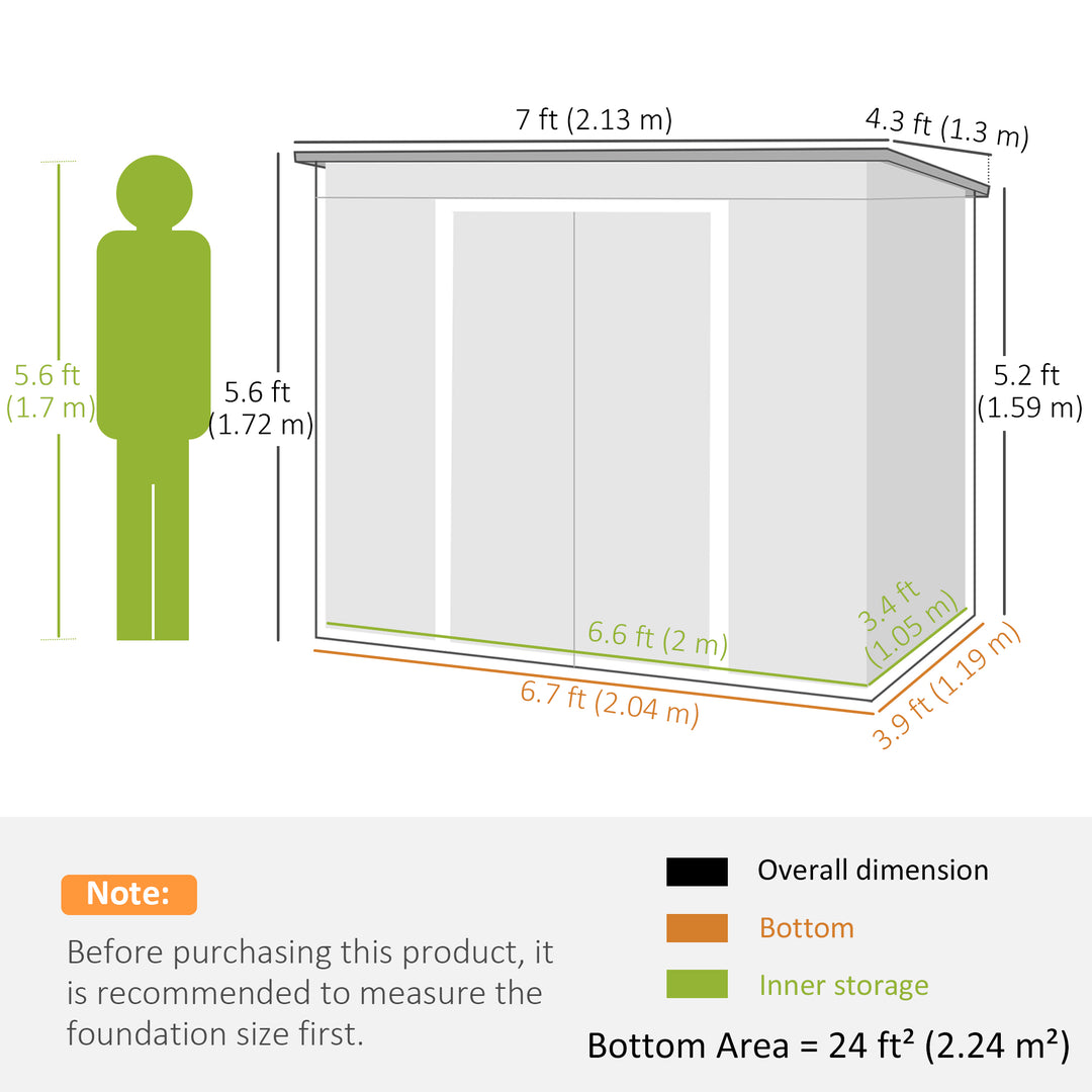 7 x 4ft Galvanised Steel Garden Shed, with Foundation Kit - Grey