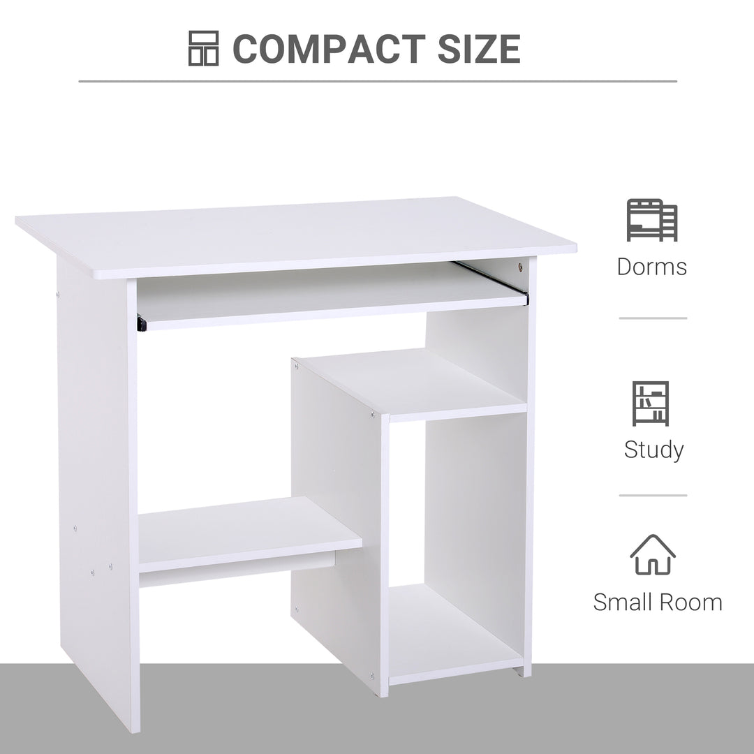 HOMCOM Compact Computer Table with Keyboard Tray, Storage Shelf, Wooden Computer Desk for Home Office, Modern Corner Table, White | Aosom UK