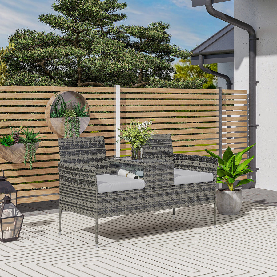 Two-Seat Rattan Chair, with Middle Table - Charcoal Grey