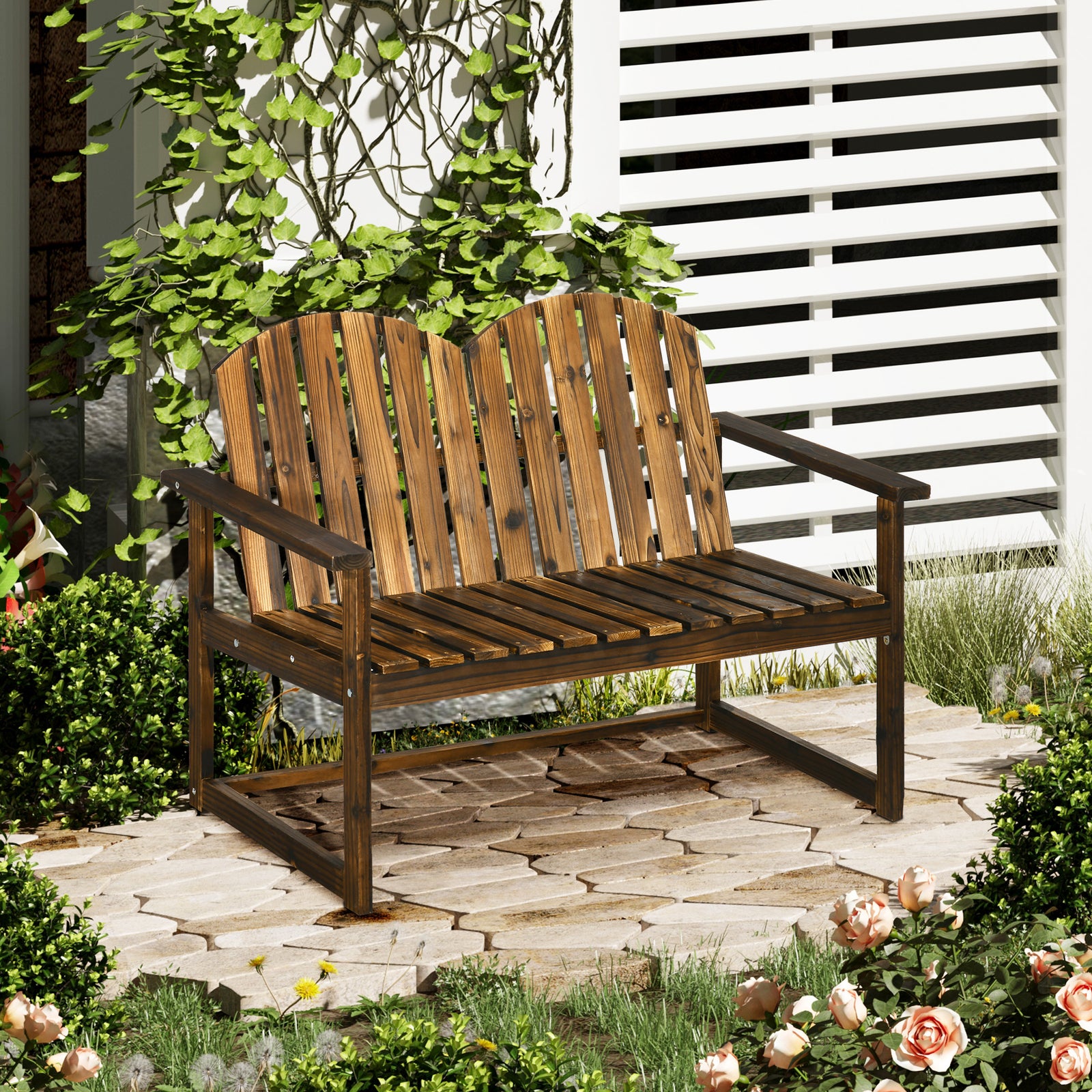 Outdoor Wooden Garden Bench, Patio Loveseat Chair with Slatted Backrest and Smooth Armrests for Two People, for Yard, Lawn, Porch, Carbonised Finish