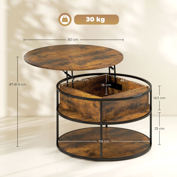 Lift Top Coffee Table, Round Coffee Table with Storage Shelf, Hidden Compartment and Steel Frame for Living Room, Home Office, Brown