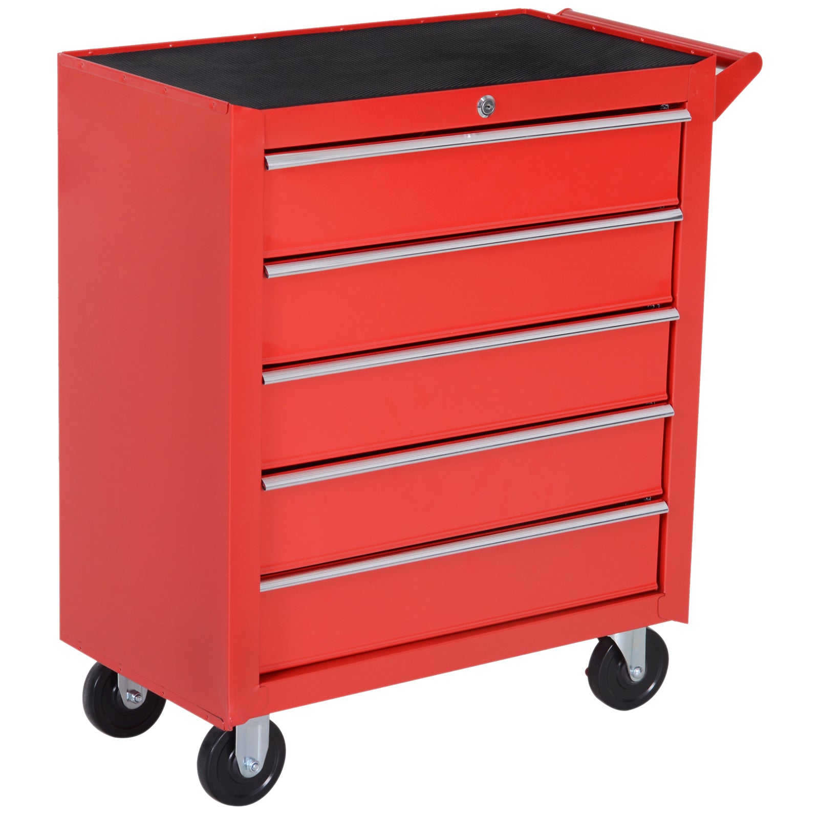 5-Drawer Lockable Tool Storage Cabinet with Wheels, Handle, 2 Keys, Steel Home Work DIY Workshop Chest, Garage Equipment Trolley, Red