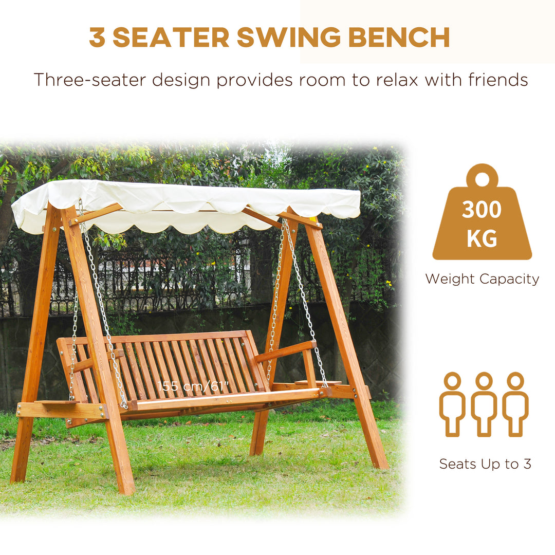 3 Seater Garden Swing Seat with Canopy, Wooden Swing Chair, Outdoor Hammock Bench for Balcony Patio Porch, Cream White