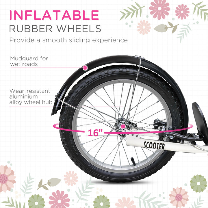 Kids Scooter, Kick Stunt Scooter with Adjustable Handlebar, Dual Brakes, Basket, Cupholder, Mudguard, 16" Inflatable Rubber Wheels, for 5-12 years, Pink