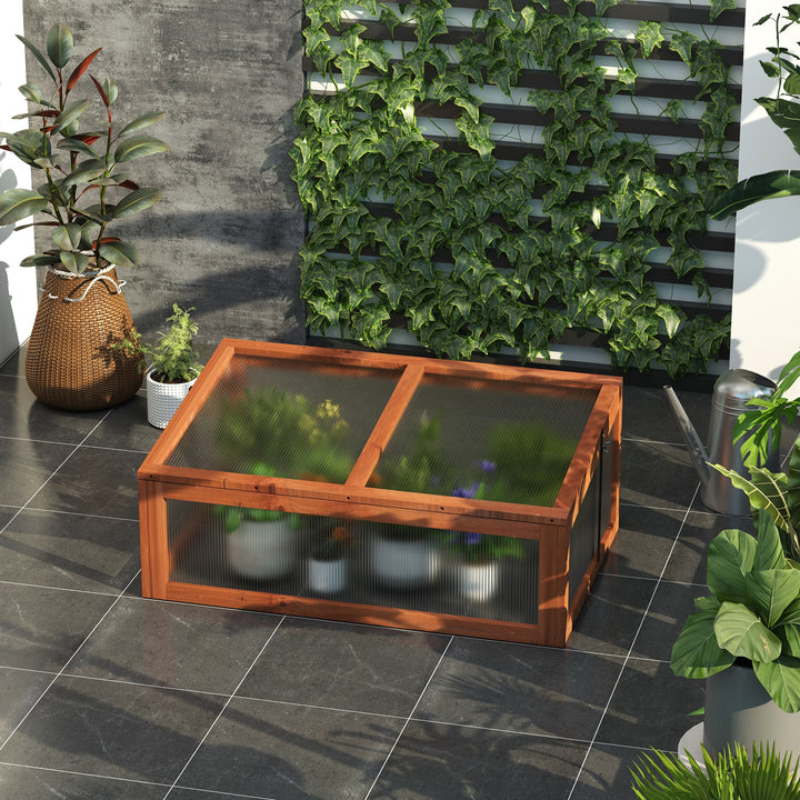 Wooden Cold Frame, Small Polycarbonate Greenhouse for Plants with Openable & Tilted Top Cover, Brown, 100 x 65 x 40cm