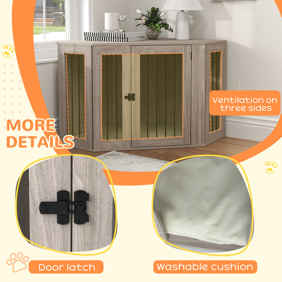 Dog Crate Furniture Side Table, with Cushion, 122 x 61 x 71cm - Walnut Brown