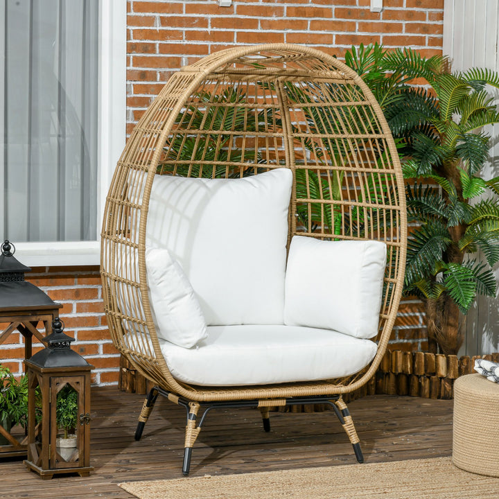 Outsunny PE Rattan Outdoor Egg Chair, Round Wicker Weave Teardrop Chair with Thick Padded Cushions for Sunroom, Garden, Khaki