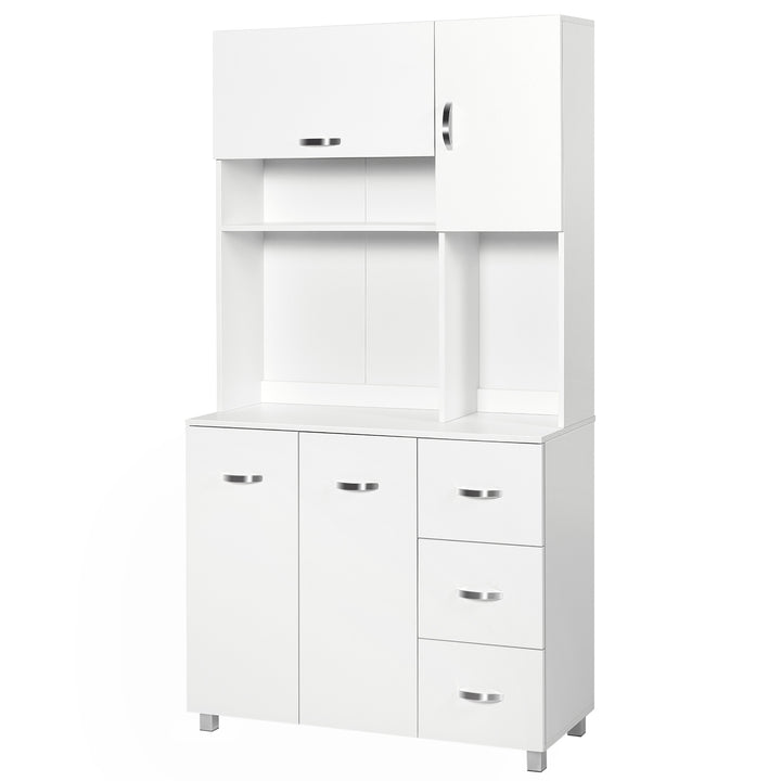 HOMCOM Freestanding Kitchen Storage Unit w/ Cupboard Cabinets Open Compartments Drawers Metal Handles Side Shelf Server Organisation Furniture White