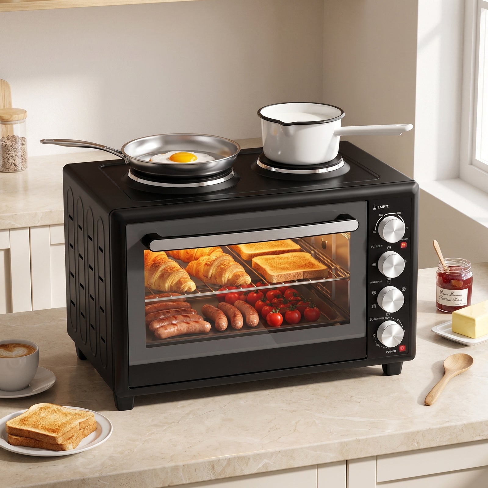 46L Mini Oven with Dual Hot Plates, Electric Countertop Cooker with Co