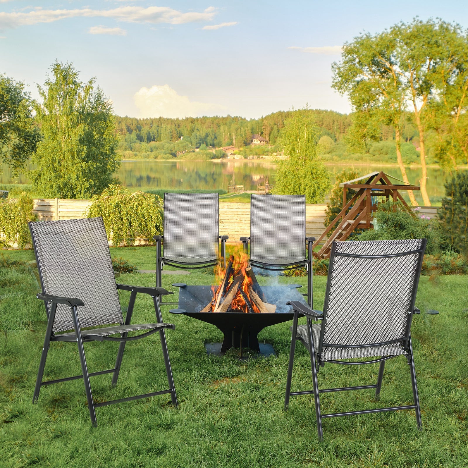 Set of Four Folding Garden Chairs - Grey