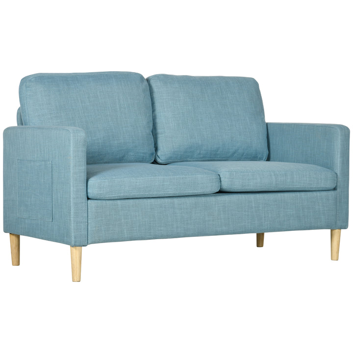 HOMCOM 143cm 2 Seater Sofa for Living Room, Modern Fabric Couch, Loveseat Sofa Settee with Wood Legs and 2 Pockets for Bedroom and Home Office, Blue