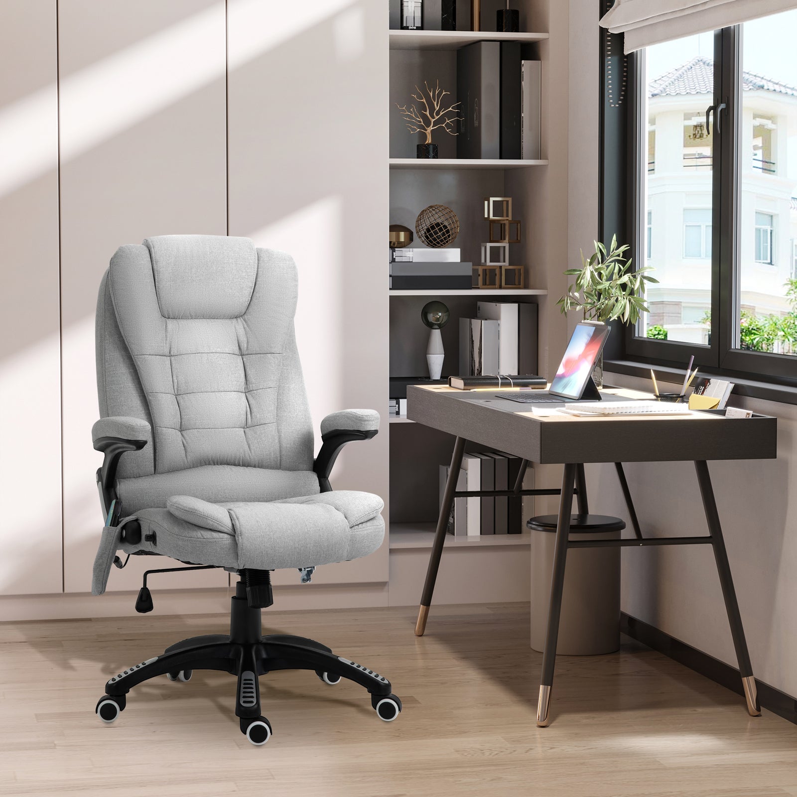 Office Chair, Ergonomic Fabric Desk Chair with 6-Point Massage and Back Heated, Arms, Lumbar Support, Light Grey