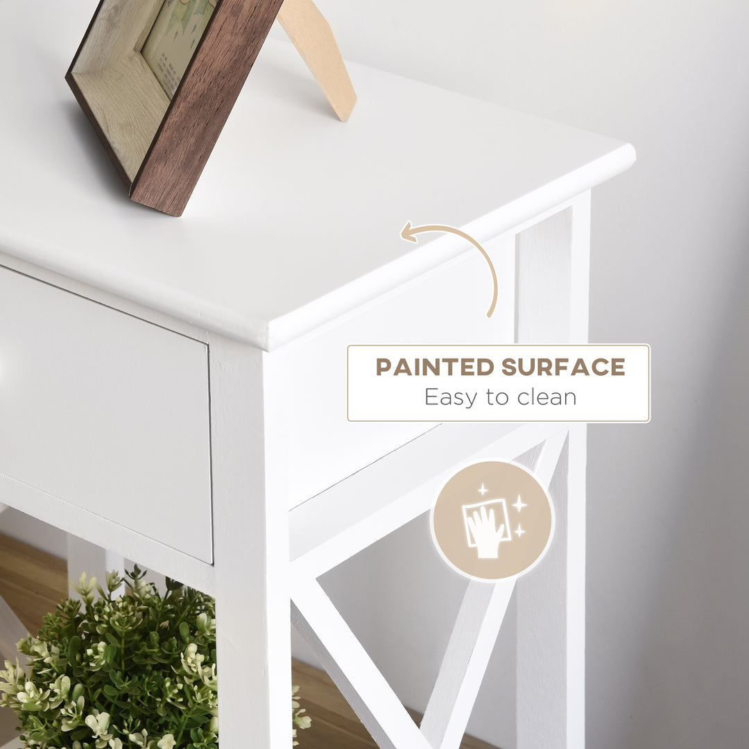 End Table, Sofa Side Table with Drawer X Bar Bottom Storage Shelf, Nightstand Bedside Table for Bedroom or Living Room White