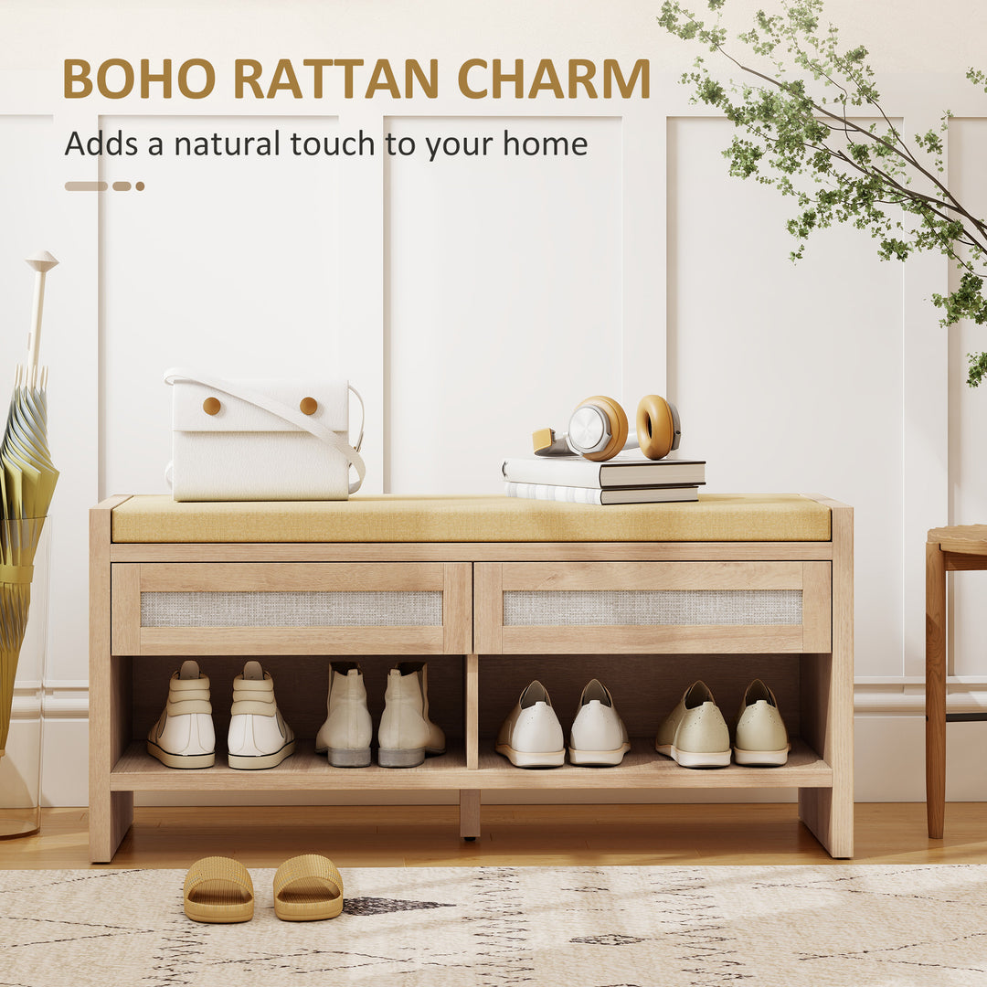 Boho Shoe Bench with 2 Rattan Drawers, Shoe Storage Bench with Cushion