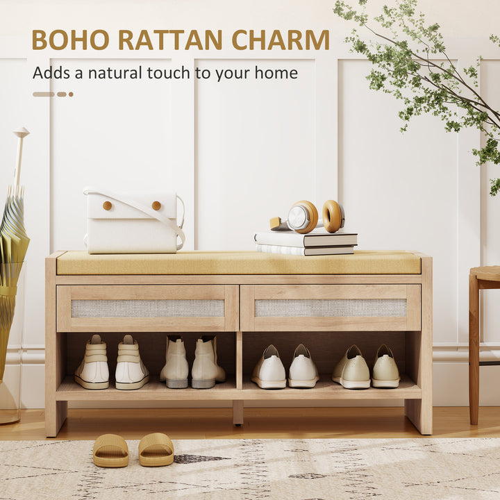 Boho Shoe Bench with 2 Rattan Drawers, Shoe Storage Bench with Cushion