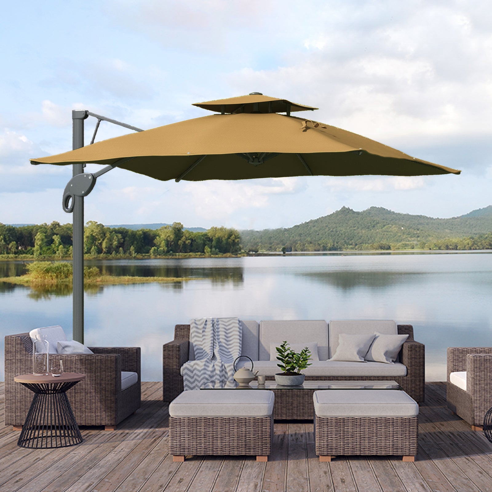 Garden Parasol, 3(m) Cantilever Parasol with Hydraulic Mechanism, Dual Vented Top, 8 Ribs, Cross Base, Khaki