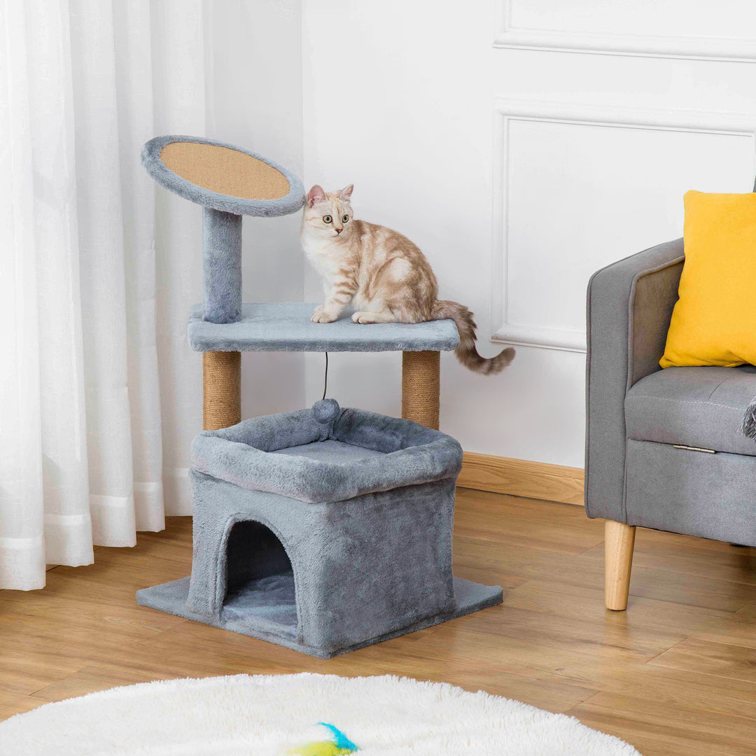 PawHut Cat Tree Tower Kitten Activity Center with Scratching Posts Pad Condo Perch Bed Interactive Ball Toy 48 x 48 x 84cm, Grey | Aosom UK