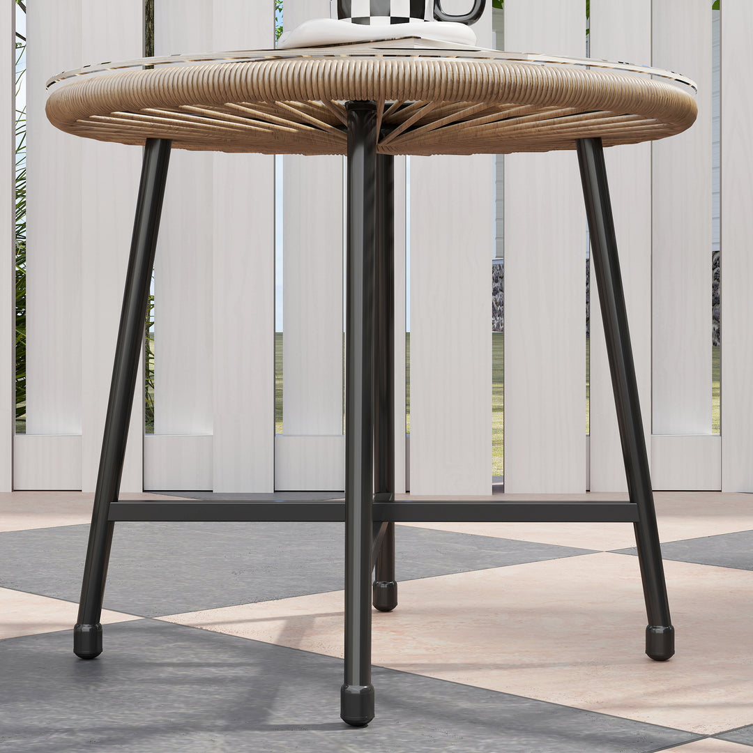 3 Pieces Rattan Bistro Set, Garden Bistro Set with Acapulco Chairs and Glass Top Table, Small Garden Furniture Set with Reinforced Metal Frame for Outdoor, Patio, Balcony, Natural