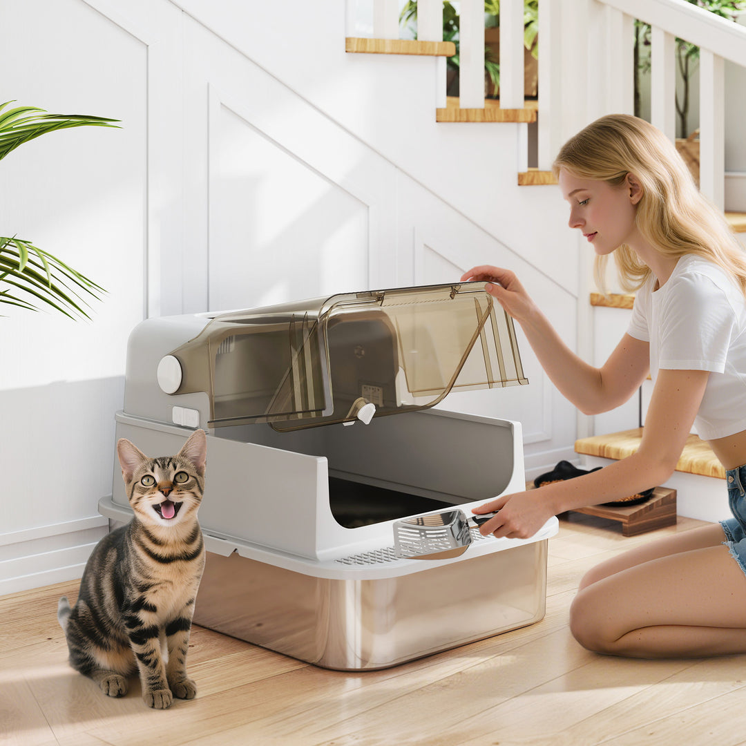 XXL Stainless Steel Cat Litter Tray, Enclosed Cat Litter Box with 90° Flip Cover, Double Doors, Scoop, Easy Clean