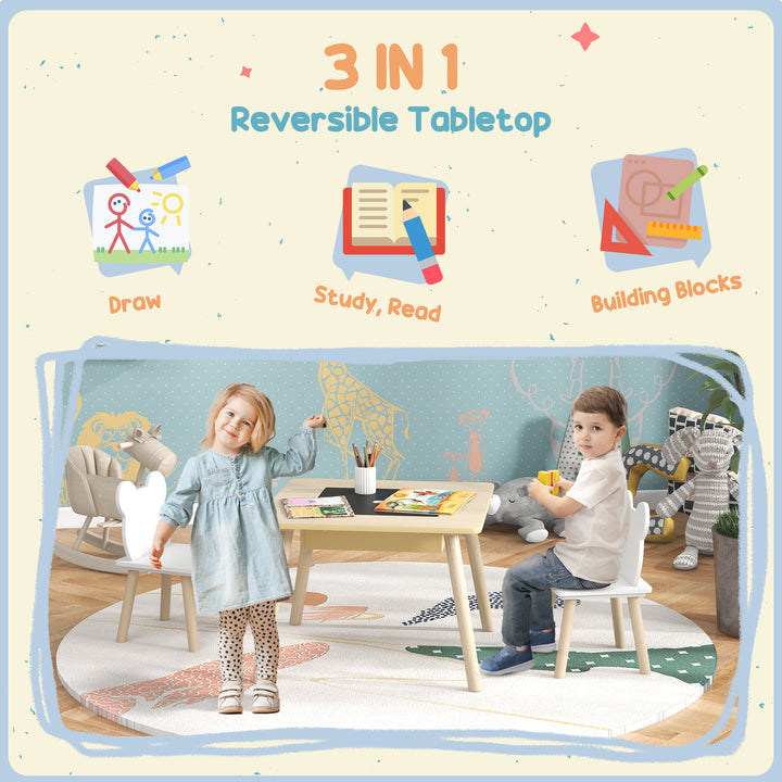 AIYAPLAY 3-Piece Kids Table and Chairs Set with Convertible Desk and Storage Grid, Kids Activity Table for Nursery, Playroom