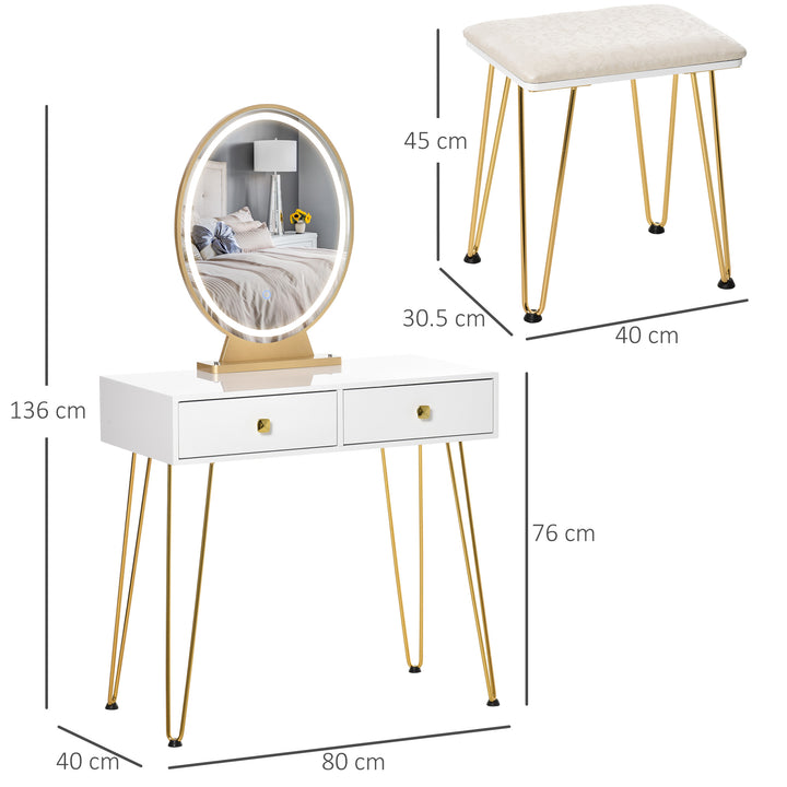 HOMCOM Dressing Table Set with LED Light, Round Mirror, Vanity Makeup Table with 2 Drawers and Cushioned Stool for Bedroom, White