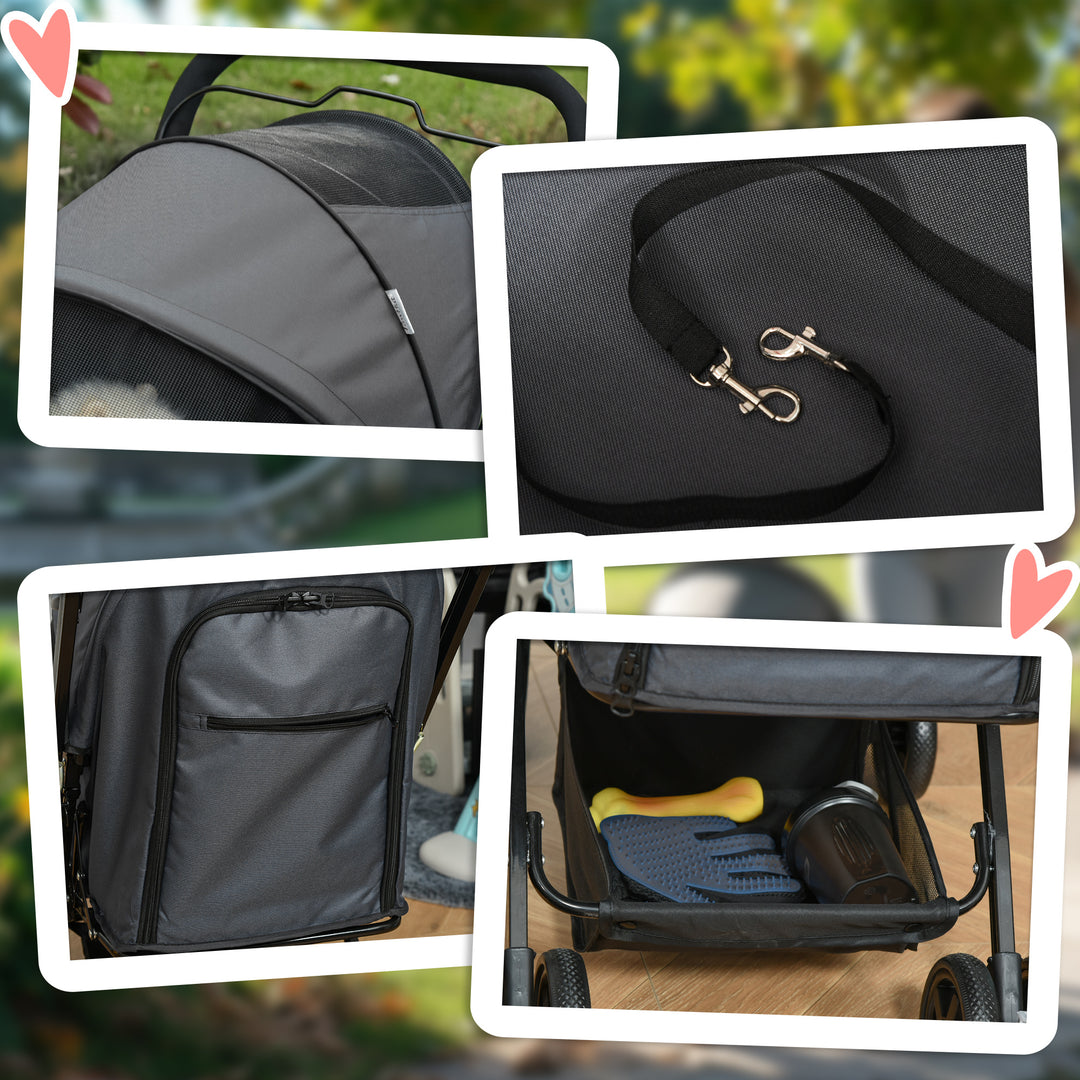 Pet Stroller Pushchair Foldable Travel Dog Cat Carriage w/ Reversible Handle Brake Basket