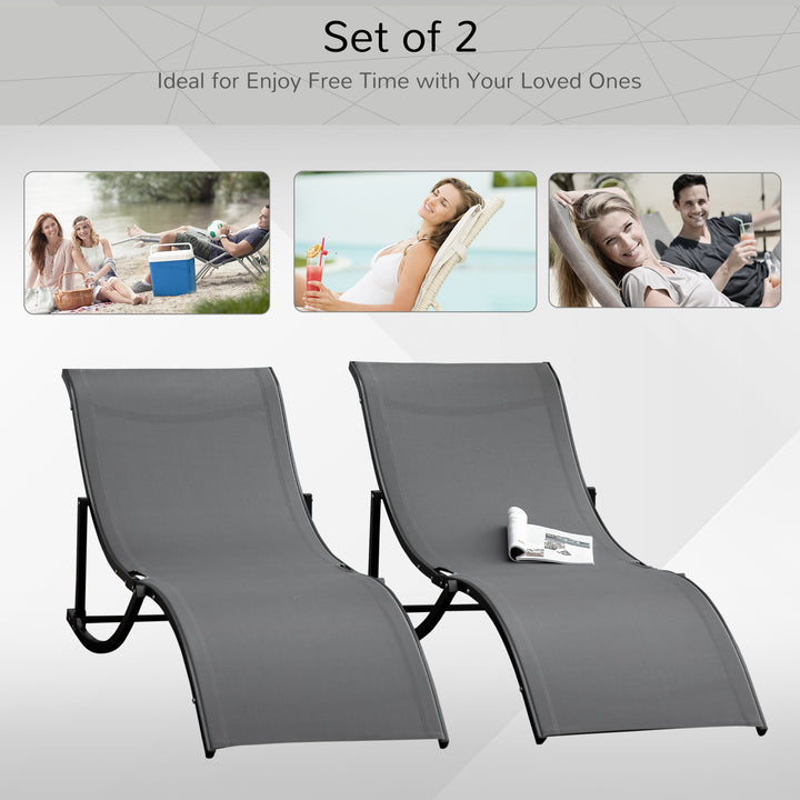 Set of 2 S-shaped Foldable Lounge Chair Sun Lounger Reclining Outdoor Chair for Patio Beach Garden, Grey