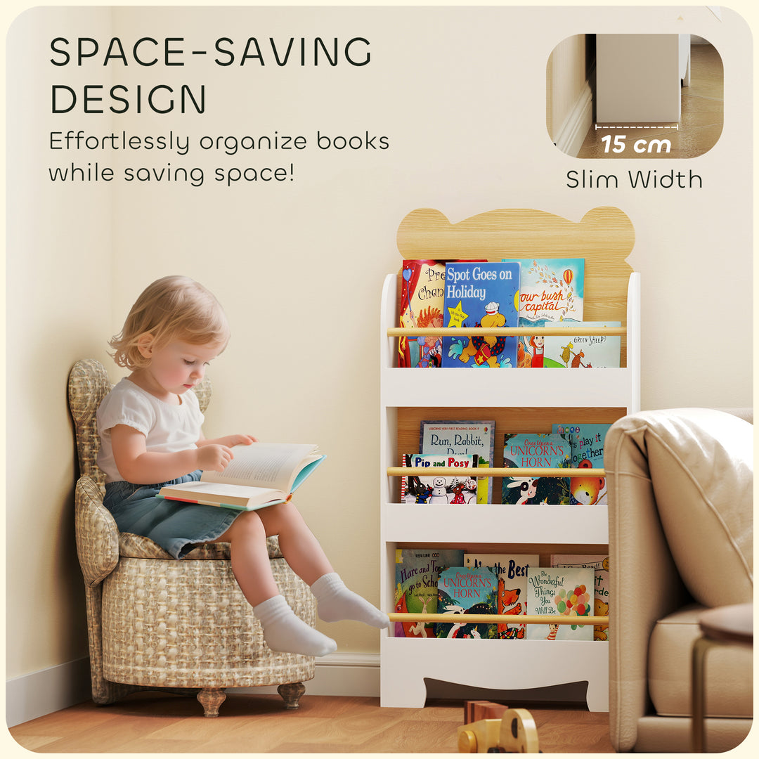 Kids Bookshelf, 3 Tier Children Bookcase, Bear Theme Toddler Space-Saving Bookcase for Living Room
