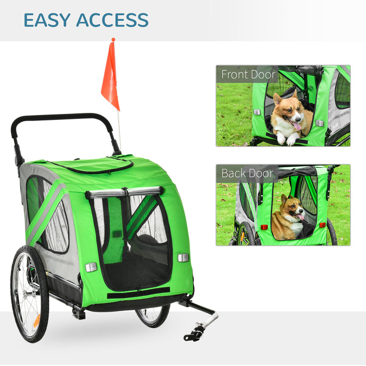 PawHut 2-in-1 Dog Bike Trailer & Pet Stroller, Steel Frame Bicycle Carrier with Universal Wheel, Reflectors & Flag, Green | Aosom UK