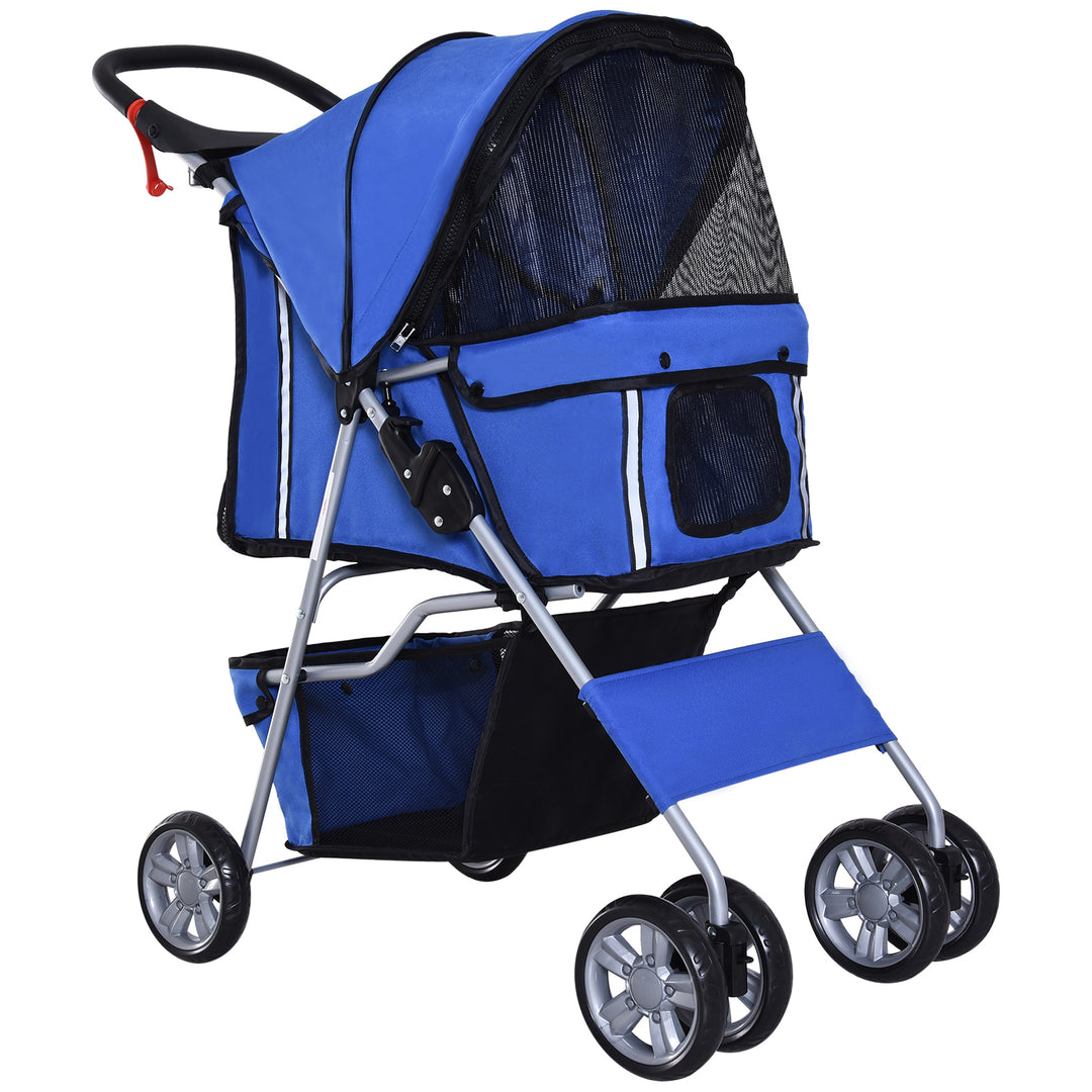 MCL Pet Stroller for Small Miniature Dogs Cats Foldable Travel Carriage with Wheels Zipper Entry Cup Holder Storage Basket Blue