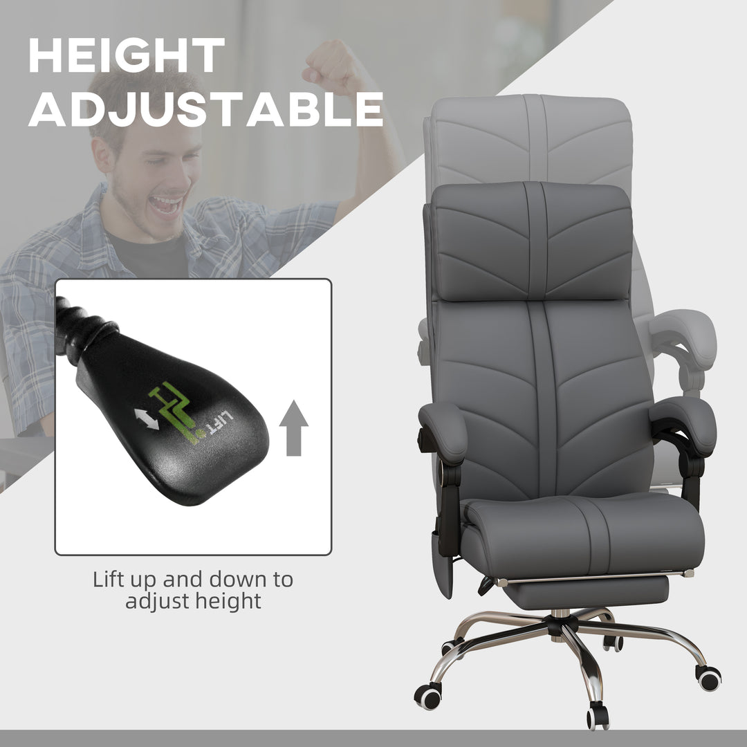 High Back Vibration Massage Office Chair, Heated Reclining PU Leather Computer Chair with Footrest, Grey