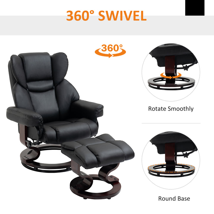 360° Swivel Recliner Chair with Footstool, PU Leather Manual Recliner Armchair with Solid Wood Base, Upholstered Reclining Chair for Living Room, Bedroom, Office, Black