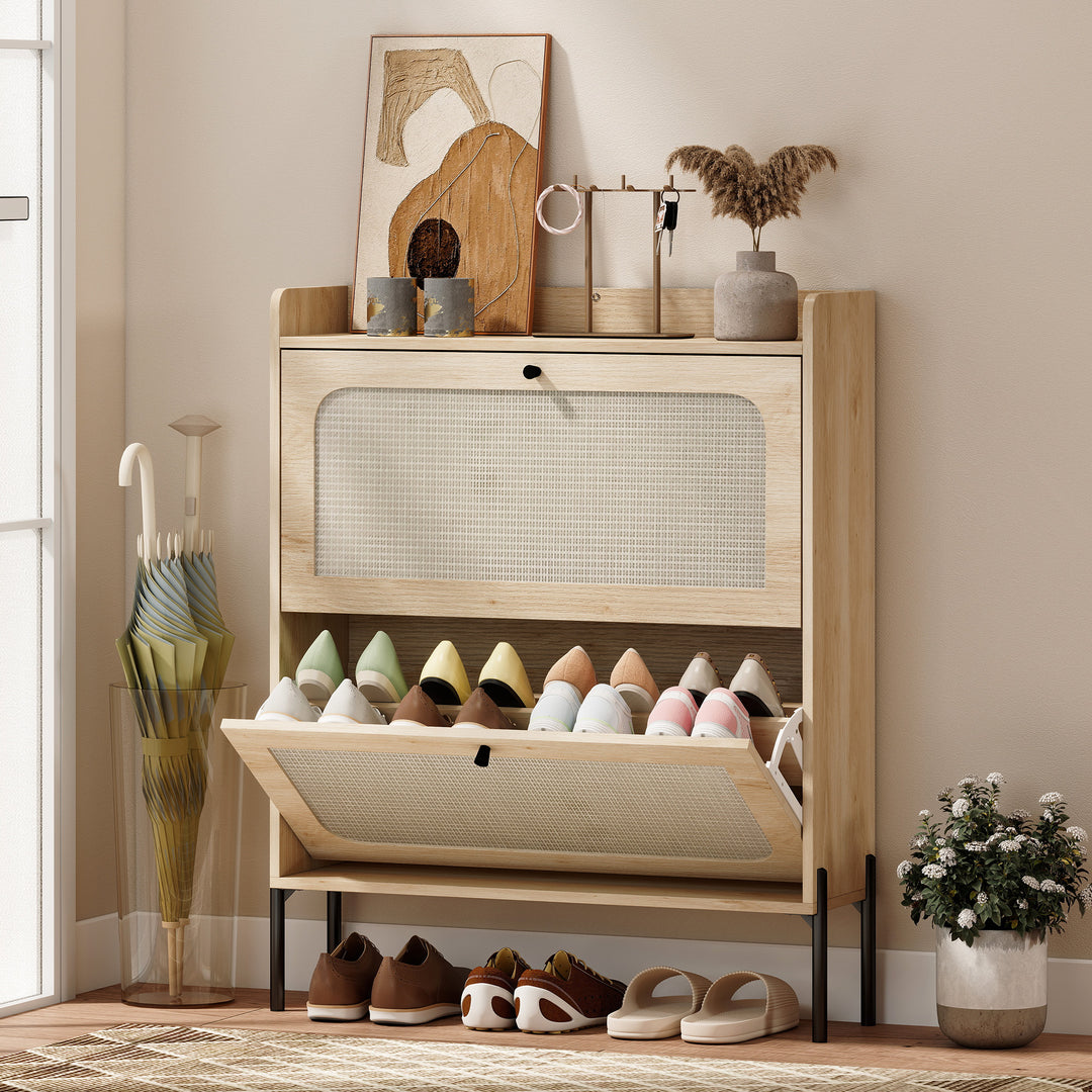 Shoe Cabinet with 2 Flip Drawers, Boho Narrow Shoe Storage Cabinet - view 2