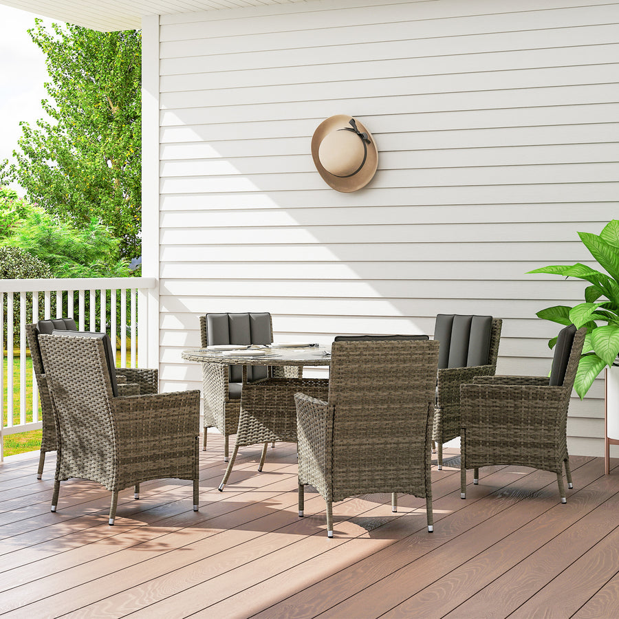 Seven-Piece Rattan Dining Table, with Round Glass-Top Table - Light Grey