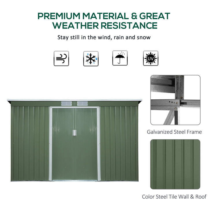 Outsunny 9 x 4.5 ft Pent Roof Metal Garden Storage Shed Corrugated Steel Tool Box with Foundation Ventilation & Doors, Light Green