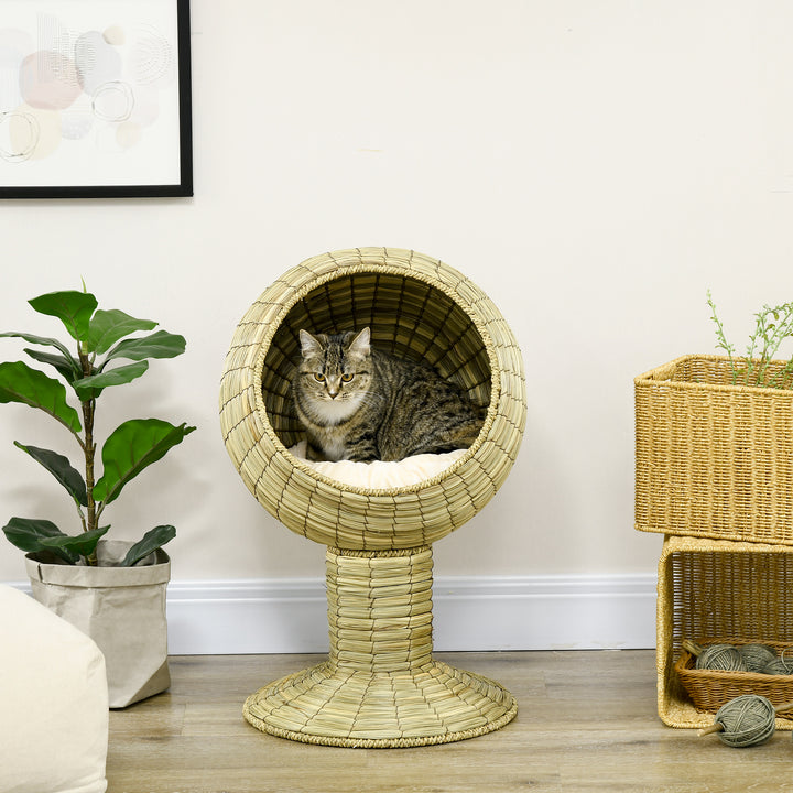 PawHut Cat House Elevated, Natural Mat Grass Bed, Round Kitten Cave with Cushion, Detachable Top, Yellow, 41 x 71.5 cm | Aosom UK