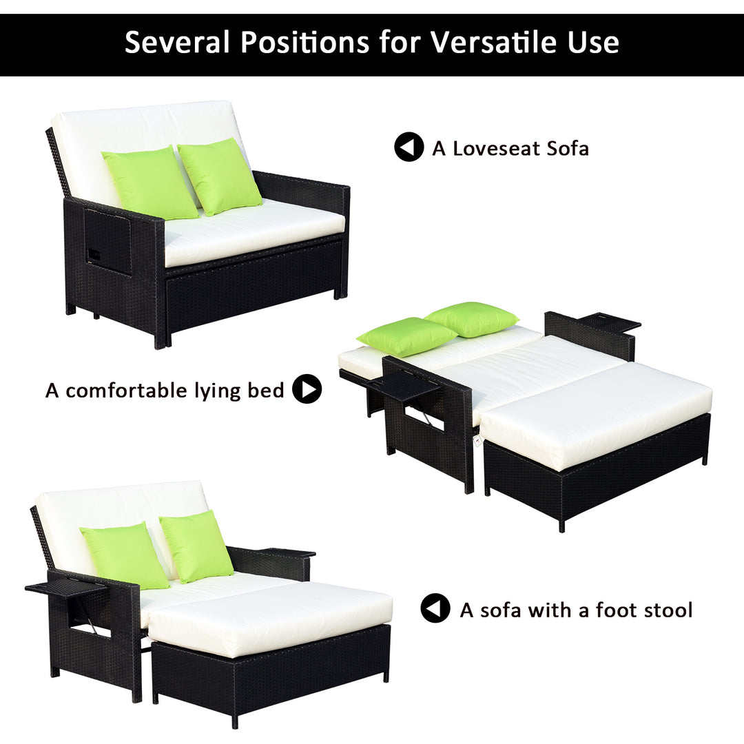Rattan 2-Seater Sofa Sun Lounger Bed-Black
