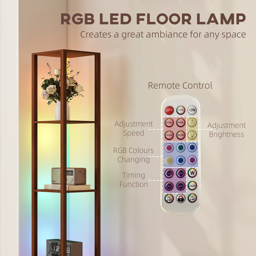 RGB LED Floor Lamp with Shelves, Modern Dimmable Standing Lamp with Remote Control, Adjustable Brightness & Speed for Living Room, Bedroom, Office, Brown