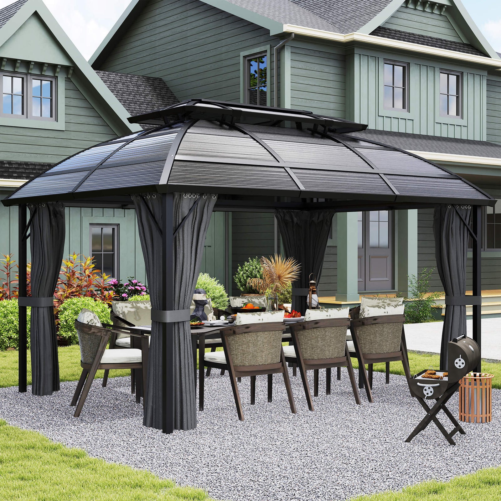 4 x 3m Aluminium Frame Hard Gazebo, with Accessories - Black