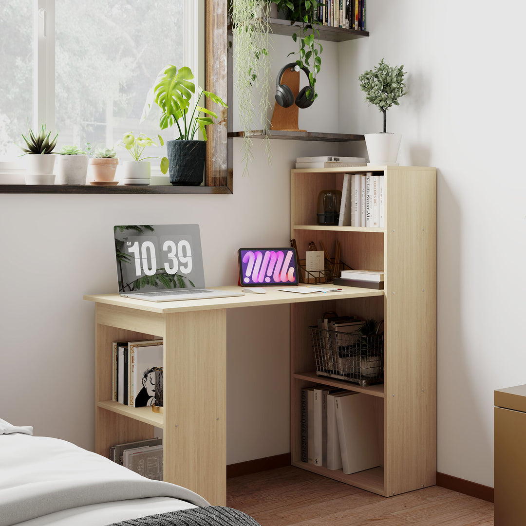 120cm Computer Desk, Wooden PC Laptop Table with 6-Tier Storage Bookshelves, Home Office Working Study Desk, Writing Workstation, Natural Wood