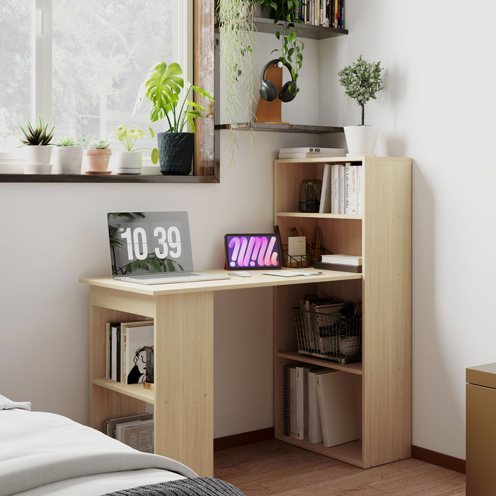 120cm Computer Desk, Wooden PC Laptop Table with 6-Tier Storage Bookshelves, Home Office Working Study Desk, Writing Workstation, Natural Wood