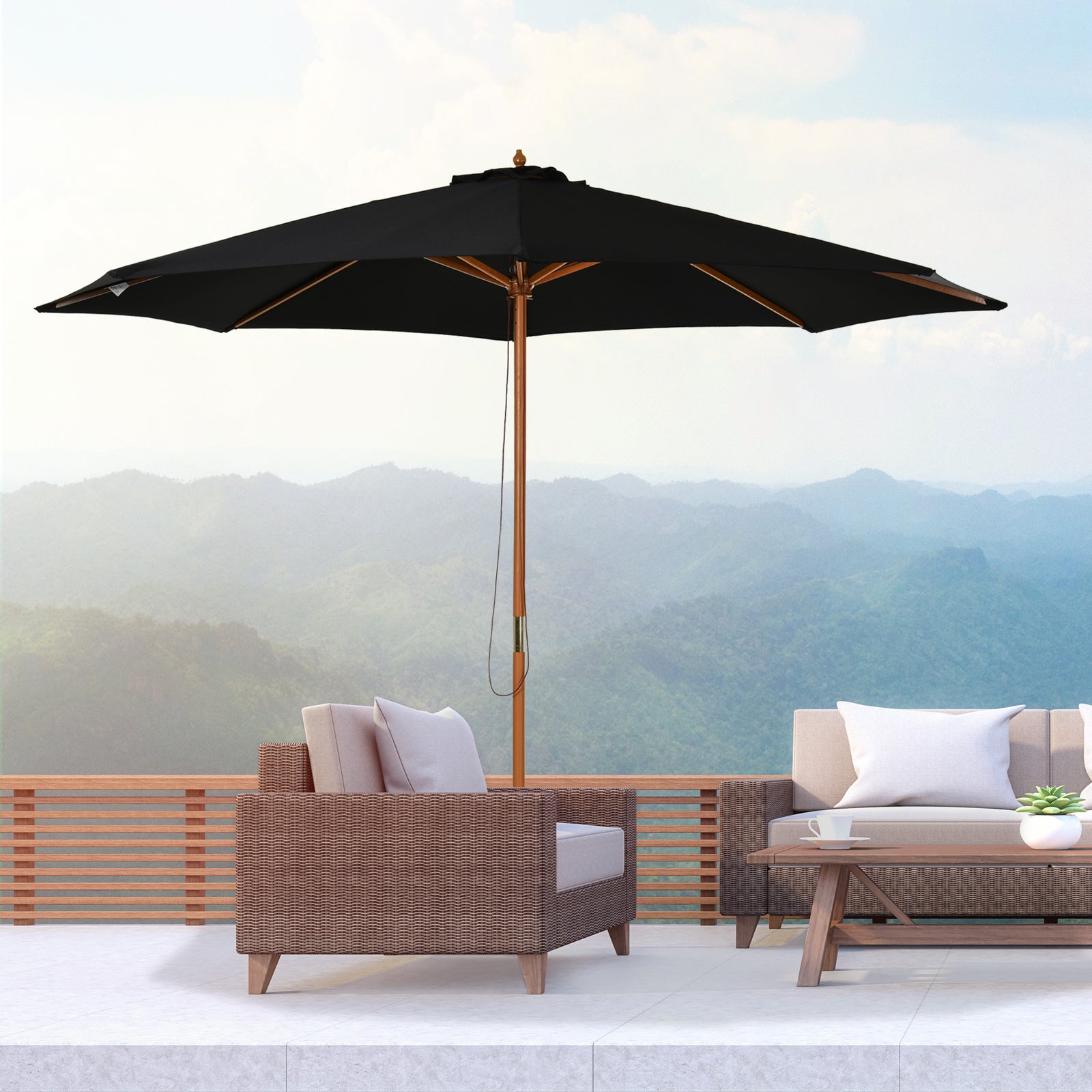 3(m) Garden Parasol, Pulley Operated Patio Umbrella, Wooden Table Market Umbrella with Rope Pulley Mechanism and 8 Ribs, Black