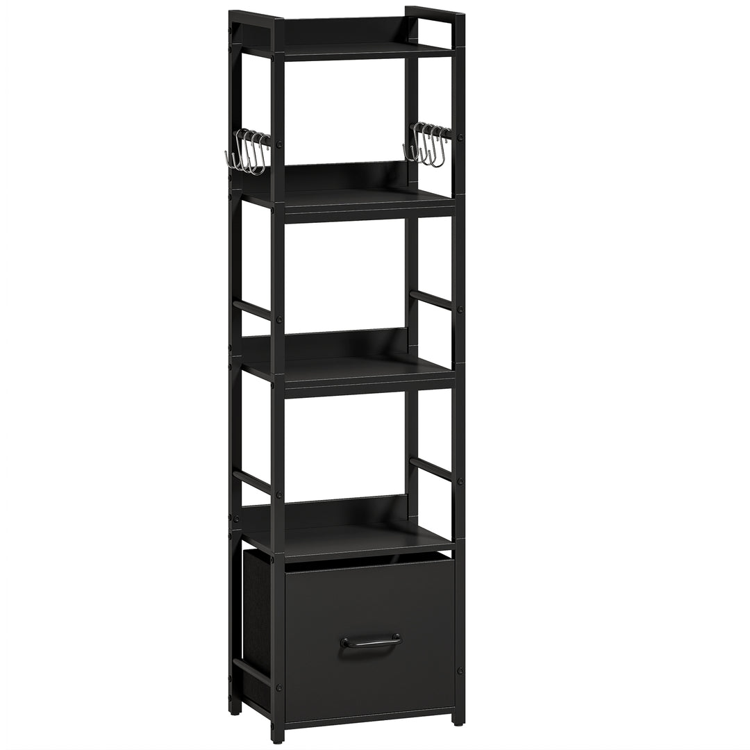 4-Tier Bookshelf, Narrow Bookcase with Drawer, 8 Hooks, Metal Frame, B